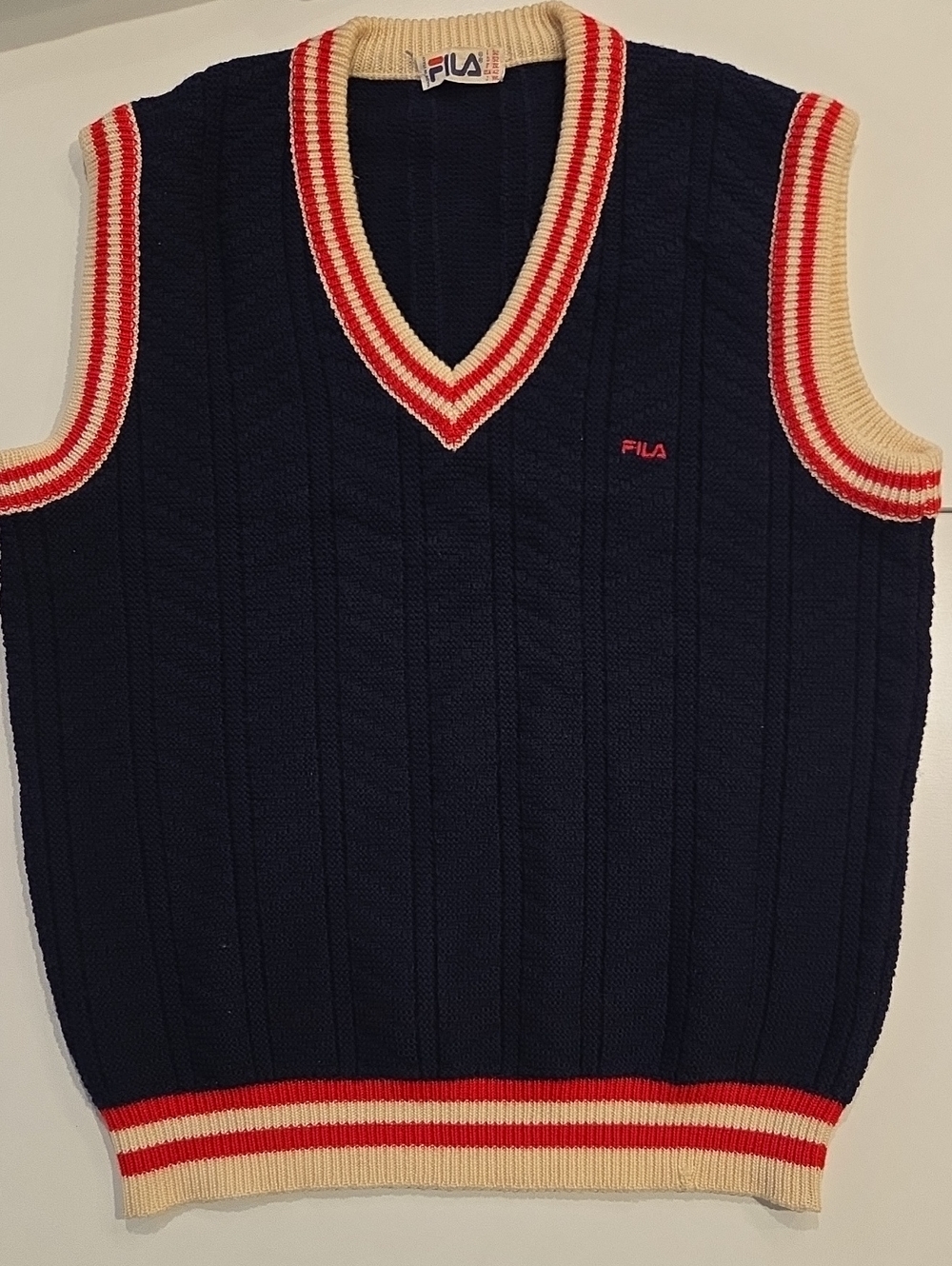 Vintage 90s FILA Navy V‑Neck Cable Knit Sweater Vest Red & Cream Tennis Prep